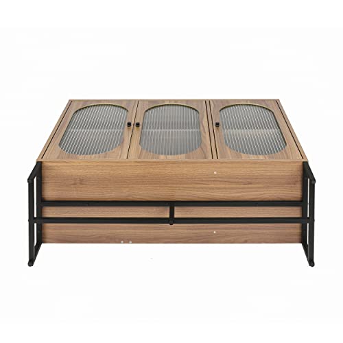 Henf Sideboard Buffet Cabinet with 3 Fluted Glass Doors, Modern Wood Kitchen Storage Cabinet Sideboard w/Height-Adjustable Shelf, Accent Console Table for Kitchen Dining Living Room Hallway Office