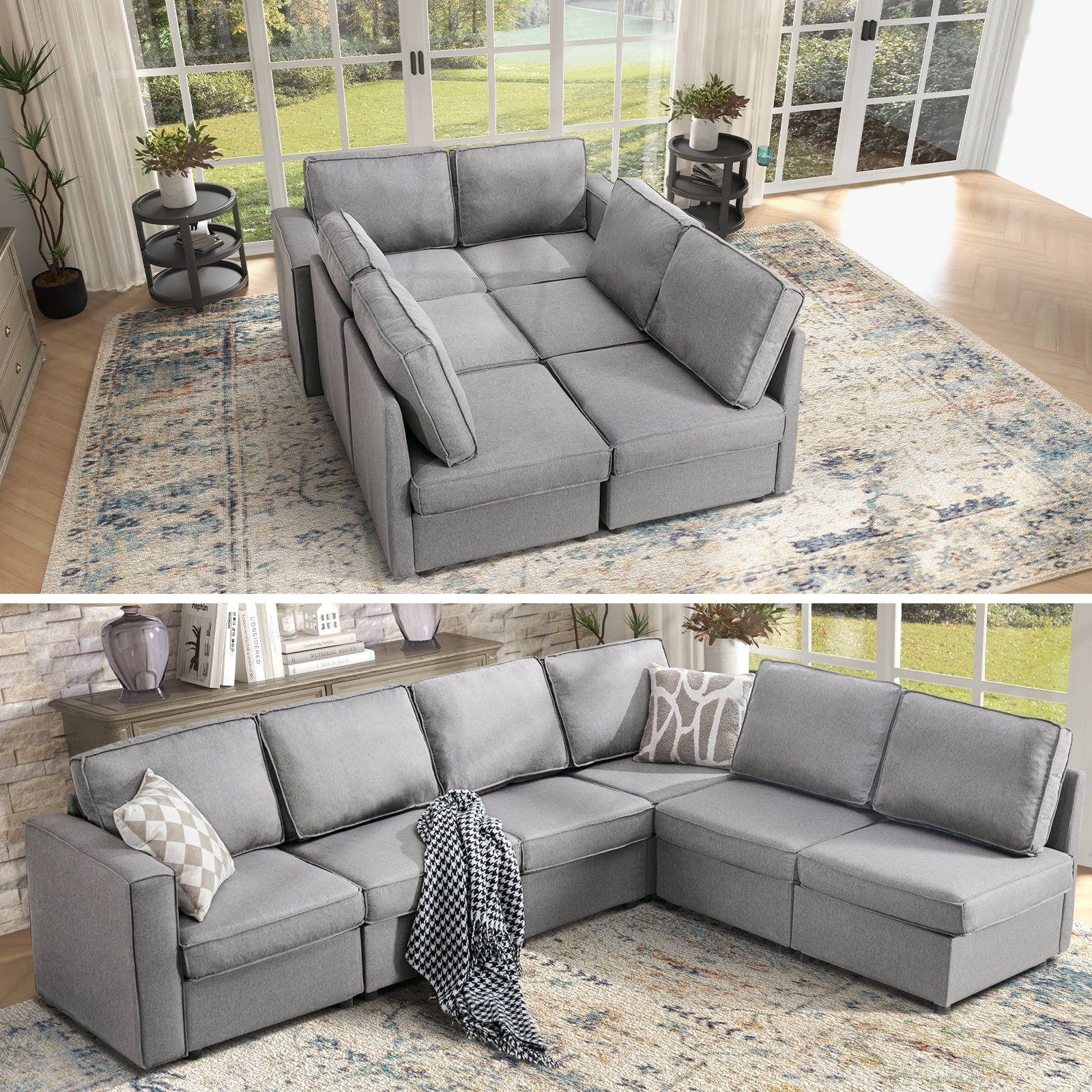 Bonzy Home U-Shaped Sectional Sofa with Storage and Reversible Chaises,Light Grey