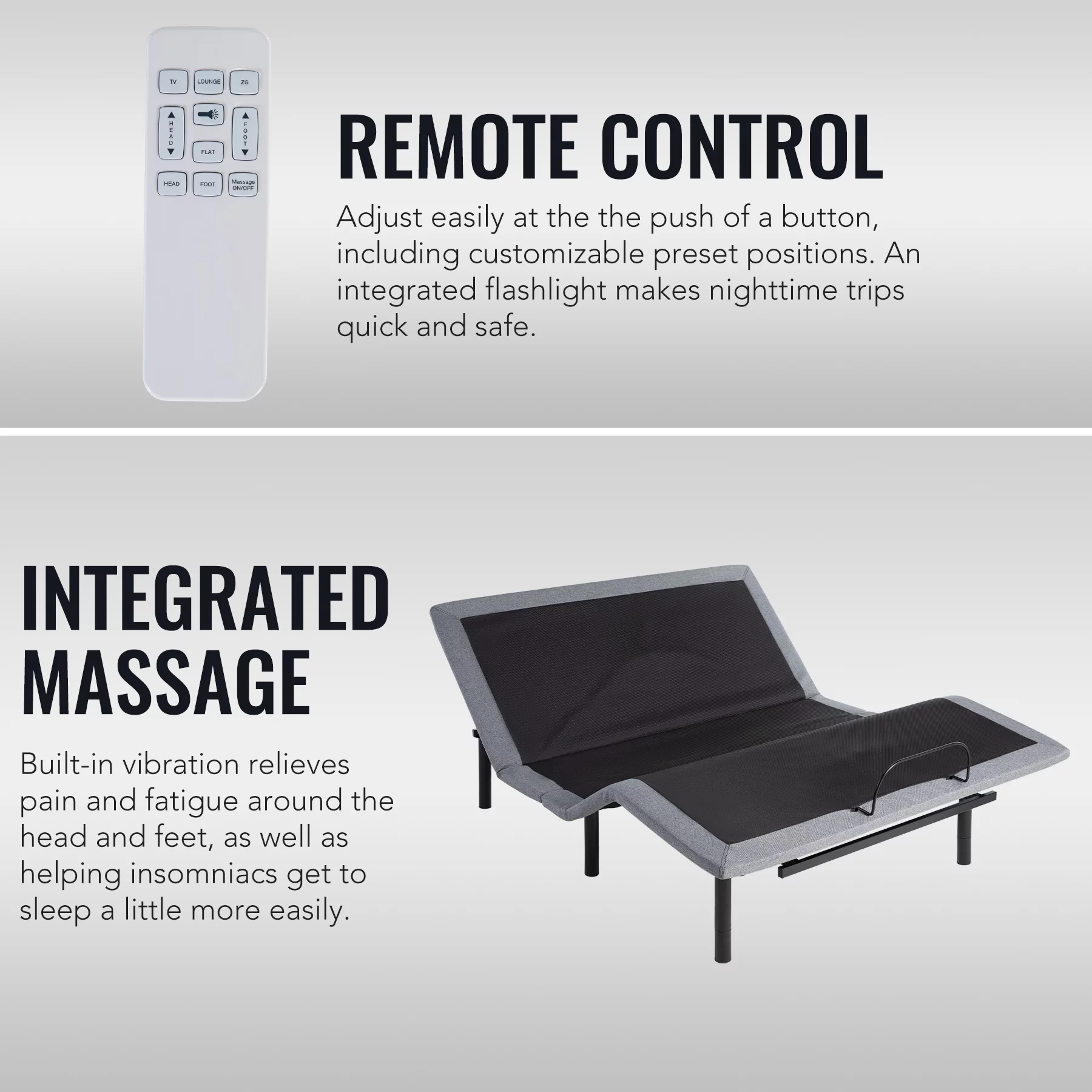 Motorized Bed Frame for Queen Size Mattress w Remote, USB Ports, & Massage