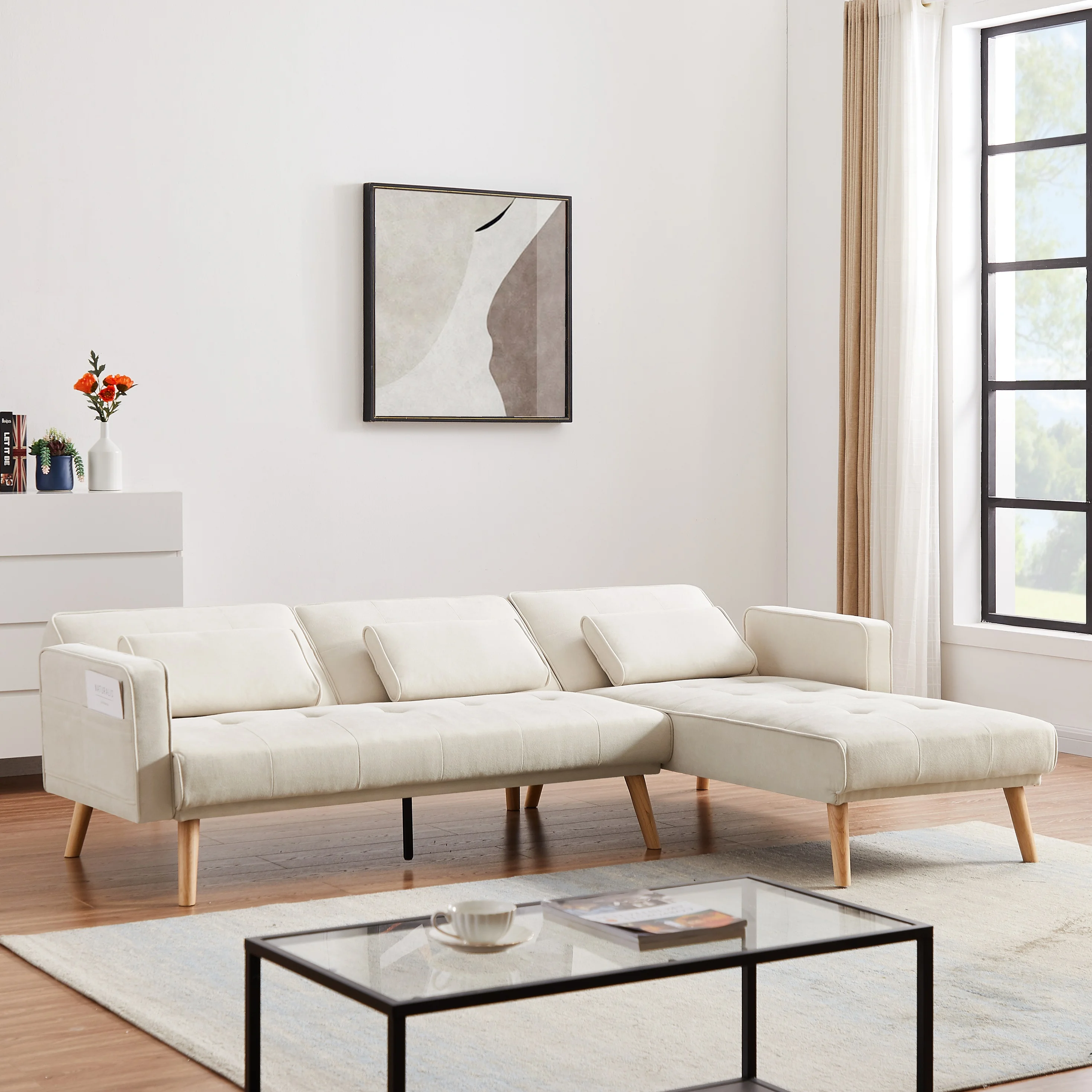 Momspeace Convertible Sectional Sofa Upholstered Sleeper Sofa Couch Bed with Left Chaise L-shaped Corner&nbsp;Sofa Chair for Living Room - Dark Beige