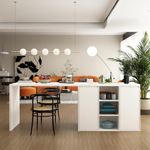 ECACAD 80.7" Kitchen Island with Storage, Wood Kitchen Prep Table White Stationery Storage Cabinet with 3 Drawers, Open Shelves & 2 Cabinets for Dining Room