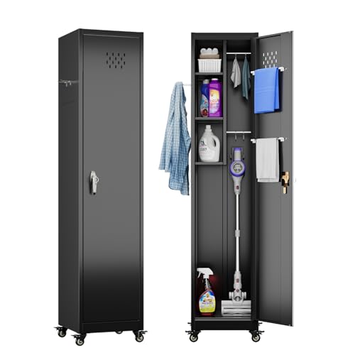 Aobabo 71" H×34" W×18" D Garage Metal Storage Cabinet with Wheels, Locking Steel Storage Cabinet with 5 Shelves and 4 Hooks, for Home Office, School, Assembly Required, Black Silver