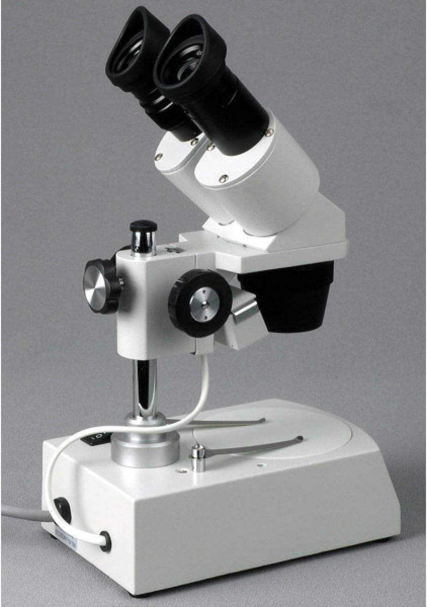 AmScope SE306-PZ Binocular Stereo Microscope, WF10x and WF20x Eyepieces, 20X/40X/80X Magnification, 2X and 4X Objectives, Upper and Lower Halogen Lighting, Reversible Black/White Stage Plate, Pillar Stand, 120V