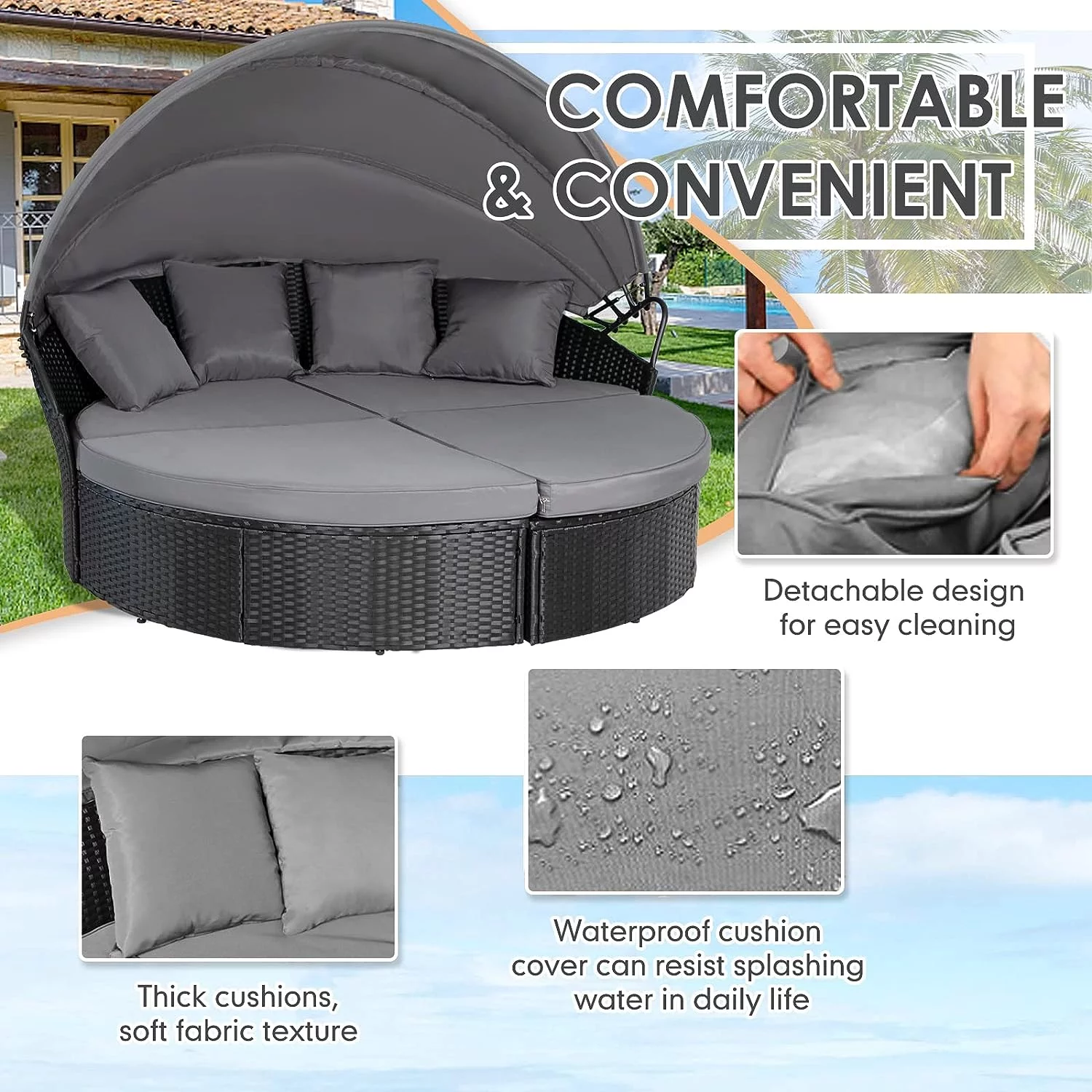 SUNCROWN 4 Piece Outdoor Round Canopy Daybed Black Wicker Patio Furniture Set with Cushions