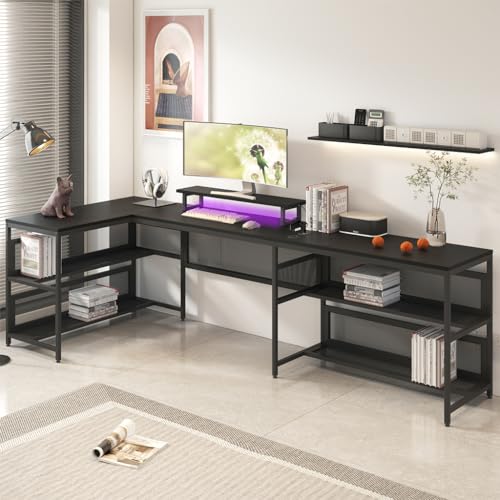 Computer Desk U Shaped 82" with LED Lights and Power Outlets, Reversible Gaming Desk with Monitor Stand, Corner Gaming Desk for Home Office Workstation, Printer Storage Shelves, Two Person Desk,Black