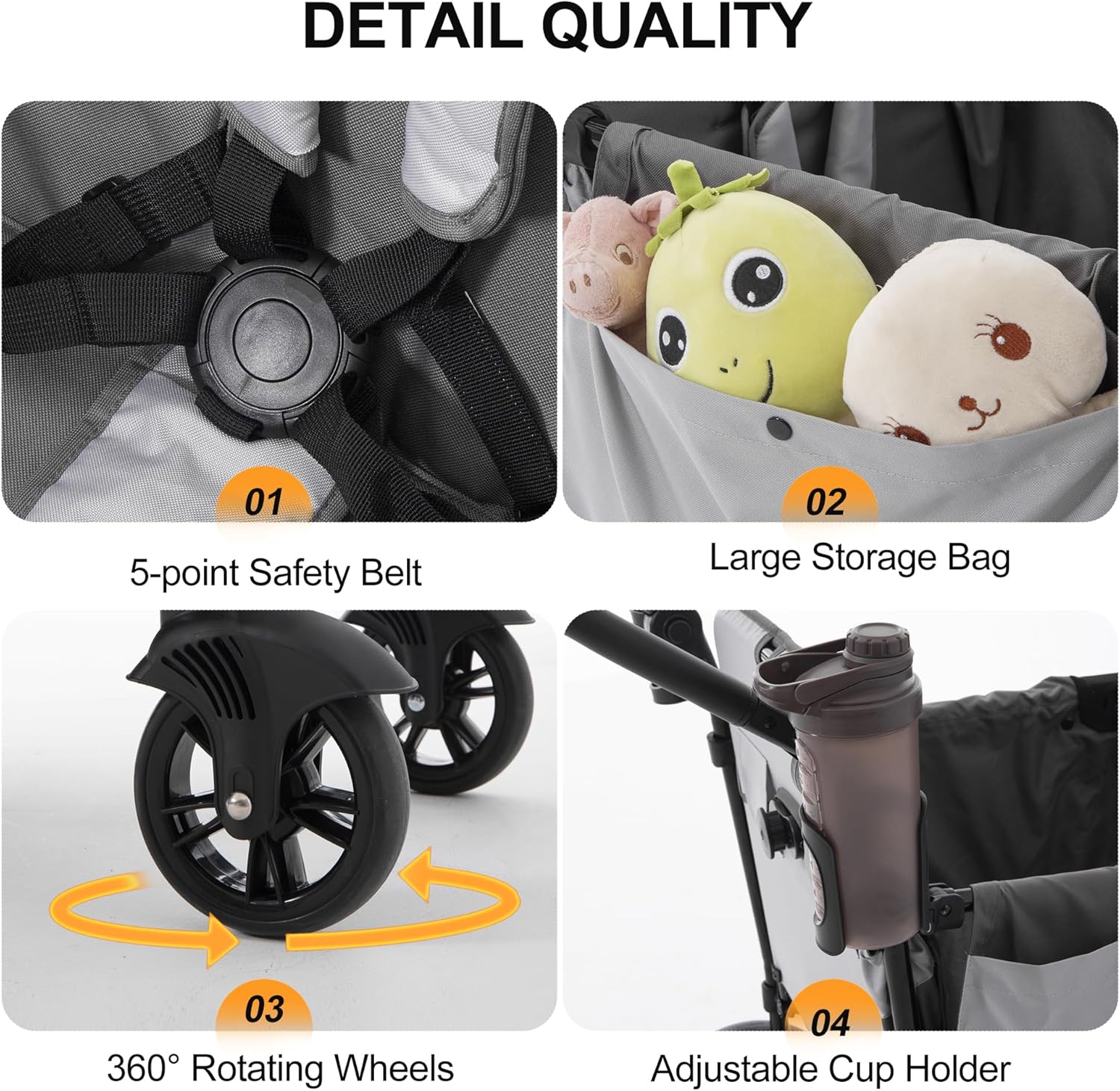 Foldable Stroller Wagon for 2 Kids, Wagon Stroller with Adjustable Handle-Bar, Push Pull Collapsible Stroller with Removable UV-Protection Canopy 5-Point Harness Shock-Absorbing Wheels, Grey