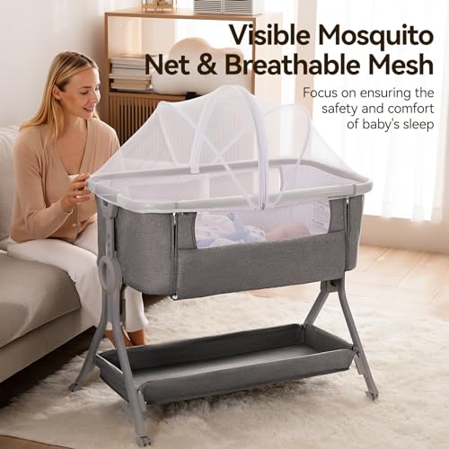 3 in 1 Baby Bassinet Bedside Sleeper, Breathable Mesh Safe Bedside Bassinet for Baby, Easy Assemble & Folding Portable Bassinet, 5 Height Adjustable Bedside Crib with Storage Basket, Mattress, Wheels