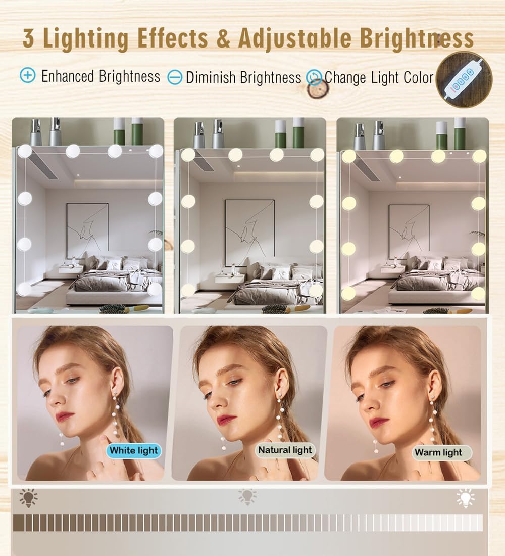 Vanity Desk with Lights,Makeup Vanity with Drawers, Vanity Set 3 Lighting Modes Brightness Adjustable, Dressing Table with Cushioned Stool for Bedroom (Modern LU05), 80*40*130CM, White