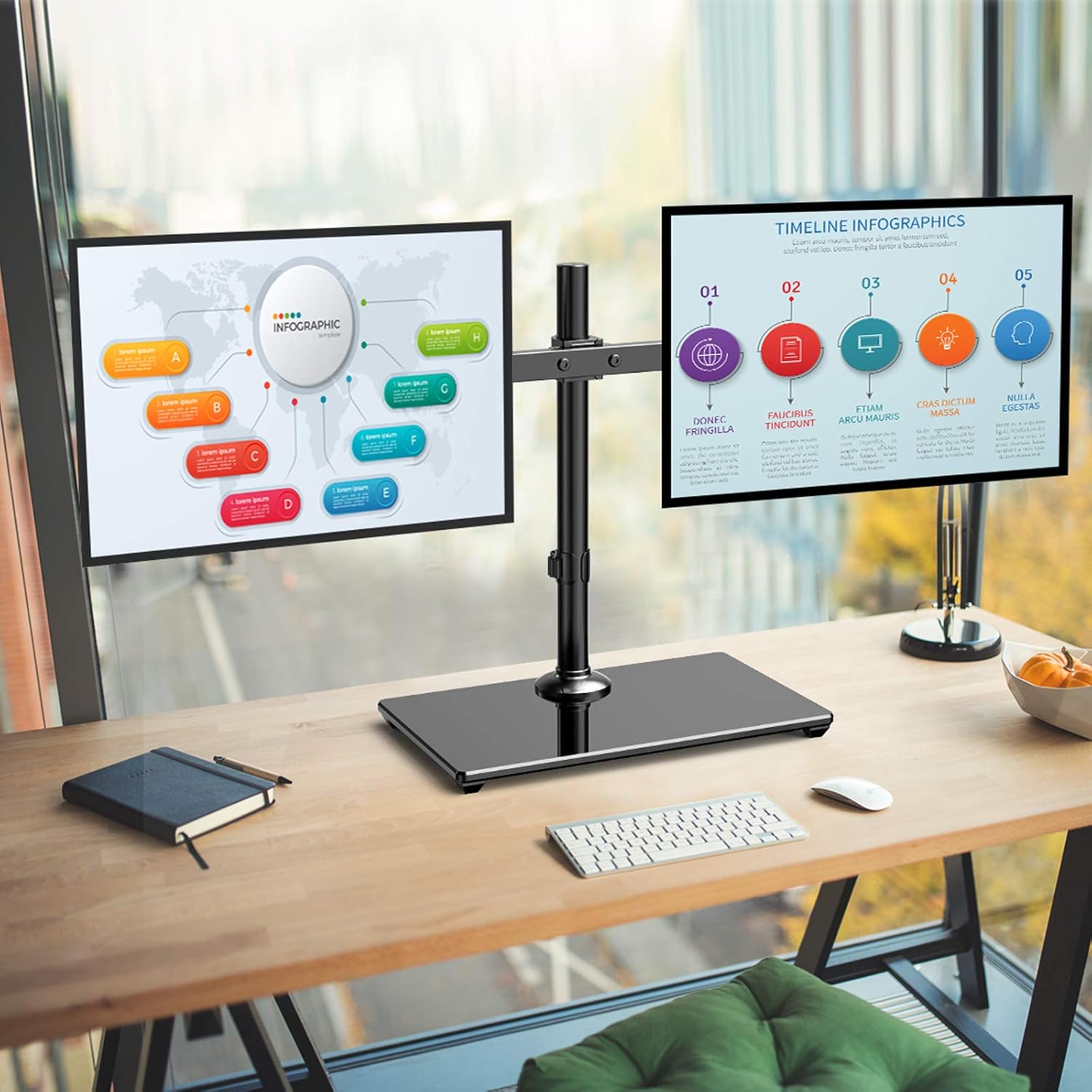 ErGear Dual Monitor Stand with Glass Base, Freestanding Height Adjustable Two Arm Monitor Mount, Heavy Duty Structure Supports Most 17-32” Monitors up to 26.4lbs, EGCM6 Pack of 2