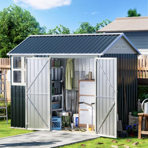 10X12X7.5 FT Outdoor Steel Storage Shed with Lockable Doors, 2 Windows, Transparent Roof Panels (Wood Panels & Frame Floor Not Included), Ideal for Patio Storage,Garbage Can, Chicken Coop，Brown