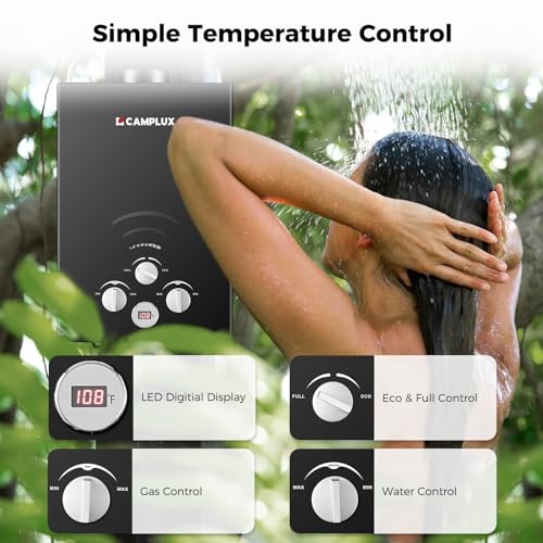 CAMPLUX 2.64 GPM Propane Portable Gas Water Heater, 68,000 BTU Outdoor Tankless Camping Water Heater with Digital Display, White