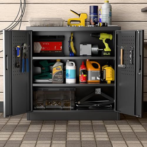 Aobabo Garage Storage Cabinet with Wheels,72" H Metal Storage Cabinet with 2 Doors and 4 Adjustable Shelves for Garage Home, Black,Required-Assembly