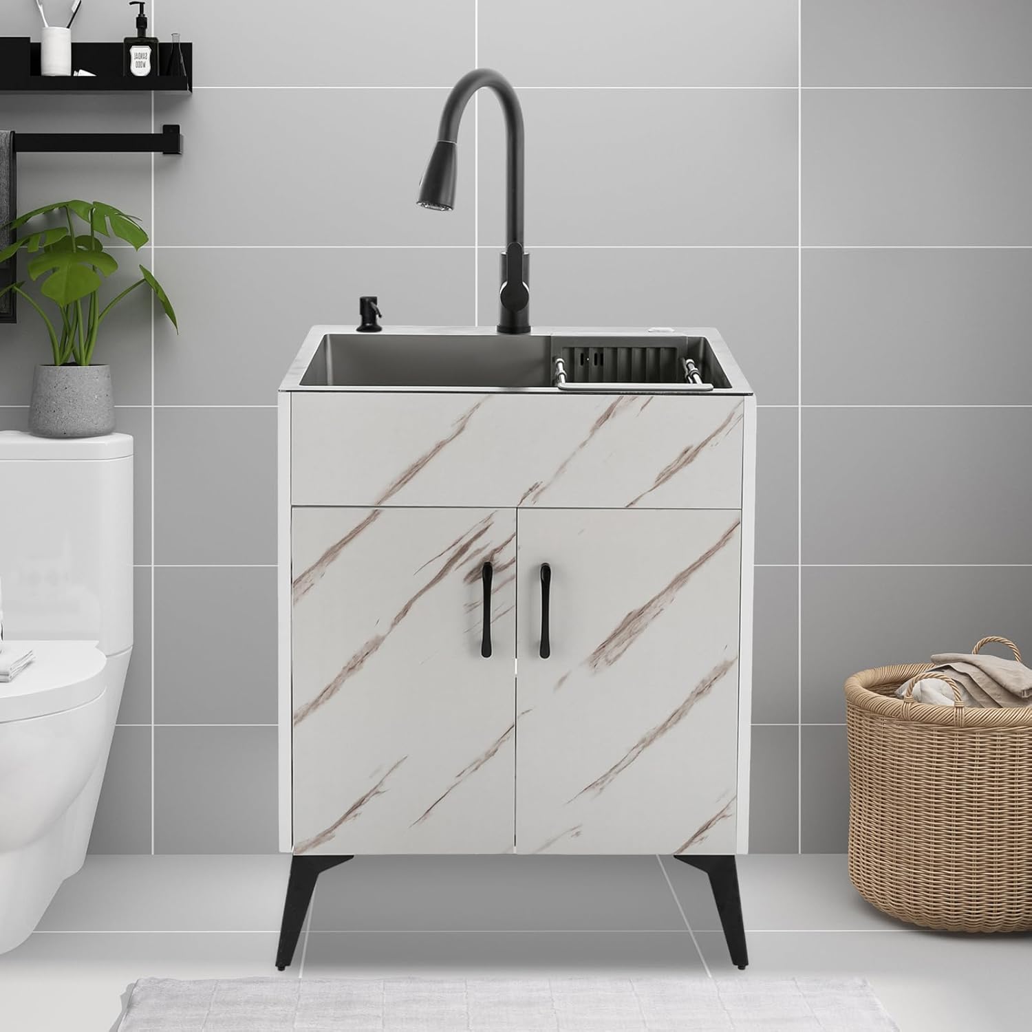 23.62inch Laundry Sink with Cabinet,Stainless Steel Sink with Pull-Out Sprayer Faucet Sink Cabinet Combo for Laundry Room,Utility Room,Bathroom and Kitchen,White