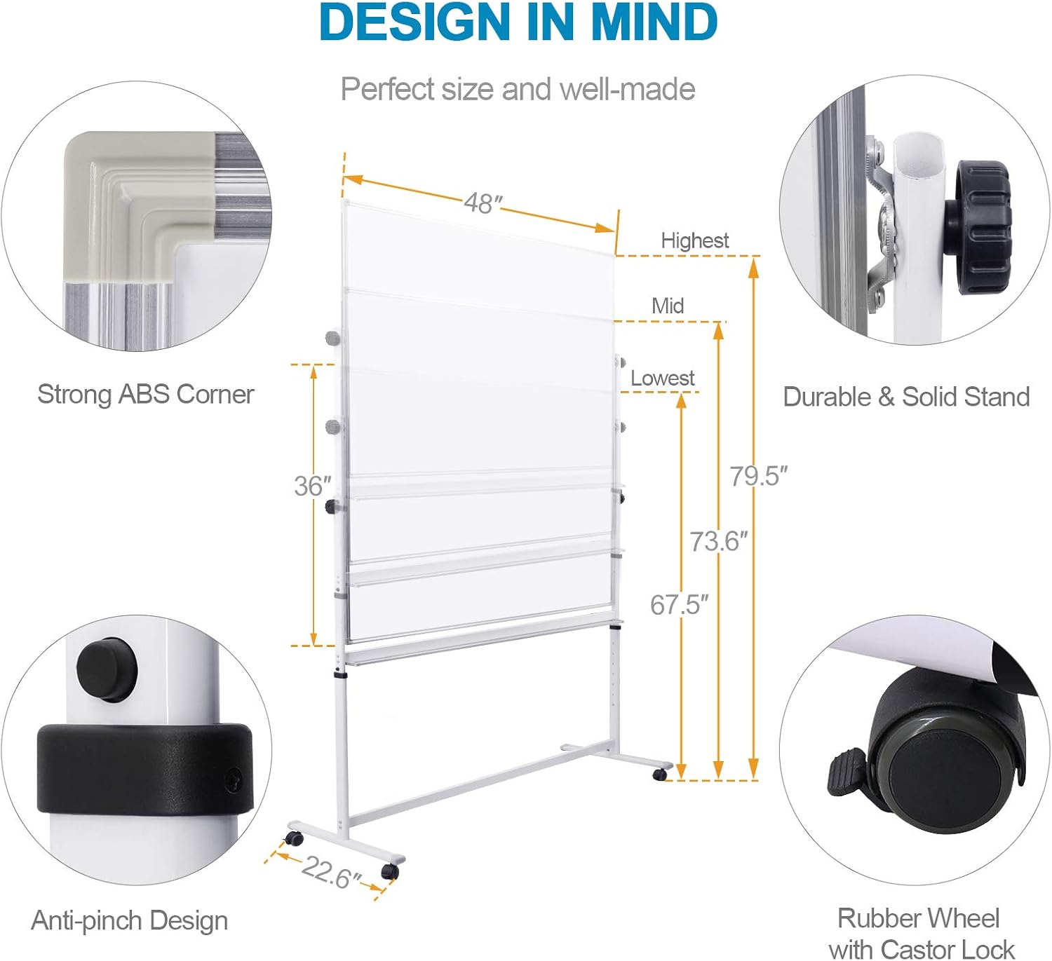 Mobile Whiteboard with Stand - 48x36 Height Adjustable Double Sided Dry Erase Board, 360° Rolling Large White Board on Wheels, Magnetic Whiteboard with Pen Tray for Meeting, Training by CALENBO