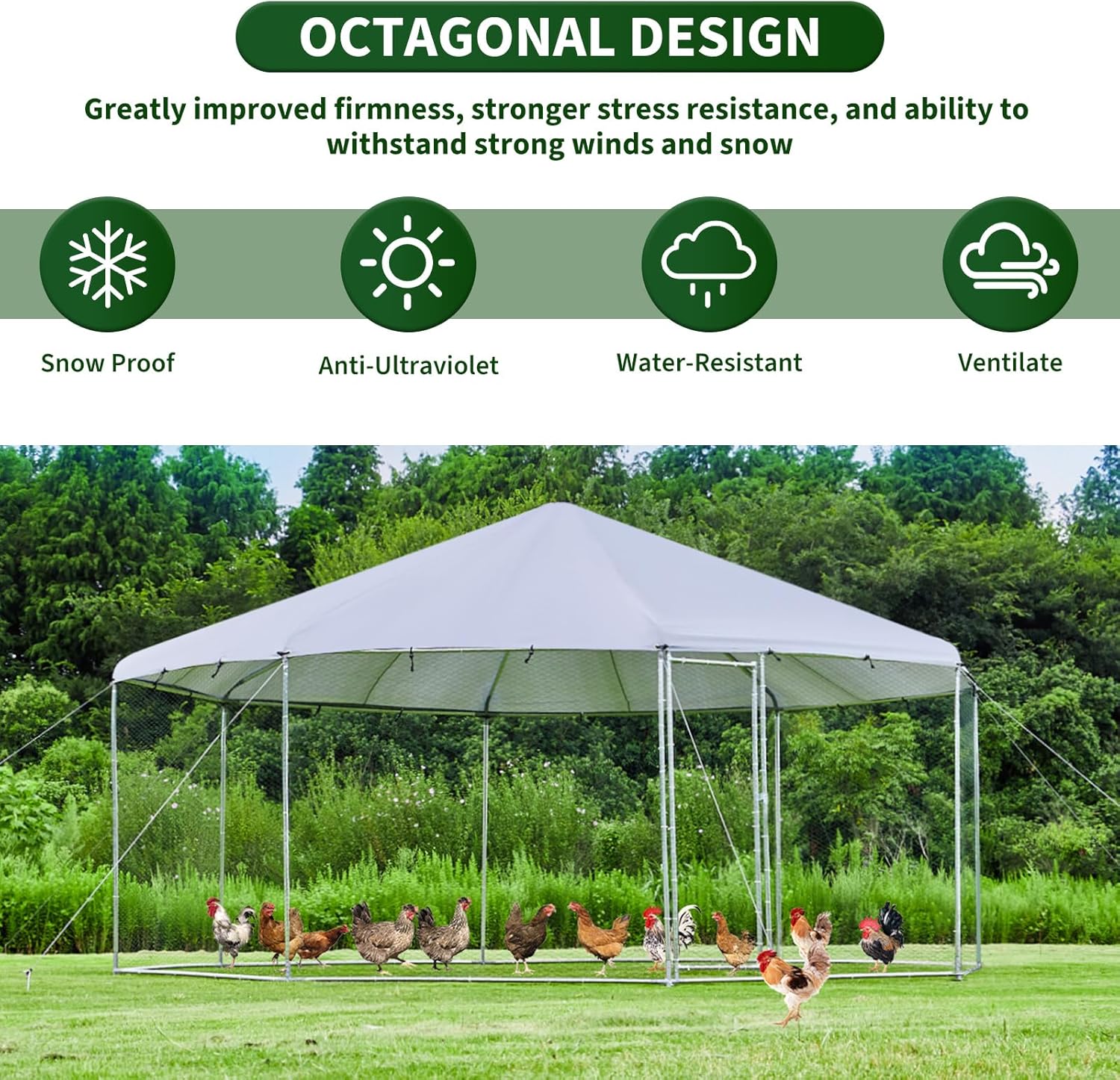 Large Octagon Chicken Coop, Heavy-Duty Chicken Run 17.4' Diameter with Galvanized Steel Frame & Water-Resistant Oxford Tarp, Spacious Multi-Animal Habitat