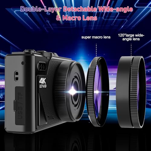 4K Digital Camera for Photography, WiFi UHD Autofocus 64MP Vlogging Camera for YouTube with Super Wide-Angle Lens, 3" 180° Flip Screen, 18X Digital Zoom with 32GB SD Card, 2 Batteries, Black