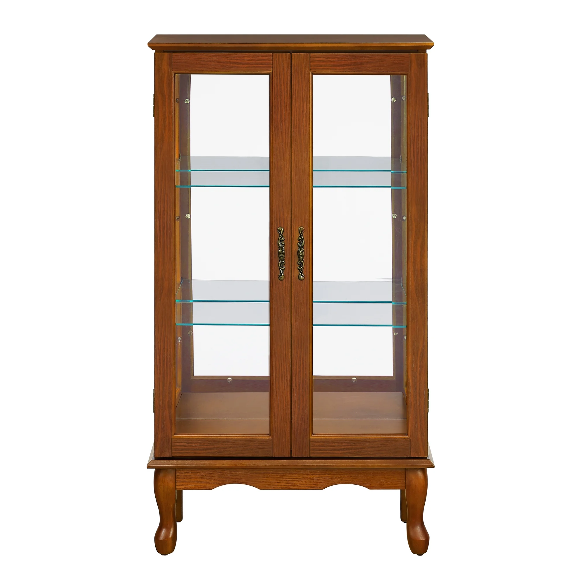 Ufurpie 3 Tier Lighted Curio Display Cabinet with Adjustable Shelves and Tempered Glass Doors,Wooden China Storage Cabinet,Oak