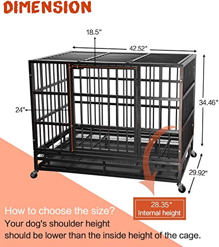 LEMBERI 48/38 inch Heavy Duty Indestructible Dog Crate, Escape Proof Dogs Cage Kennel with Lockable Wheels,High Anxiety Double Door Kennel,Extra Large Crate Indoor for Large Dog with Removable Tray