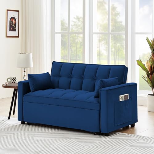 55" Velvet Convertible Sofa Sleeper w/2 Detachable Arm Pockets, Pull-Out Couch Bed Loveseat with Adjustable Backrest, for Office Living Room Apartment, 87inch, Beige