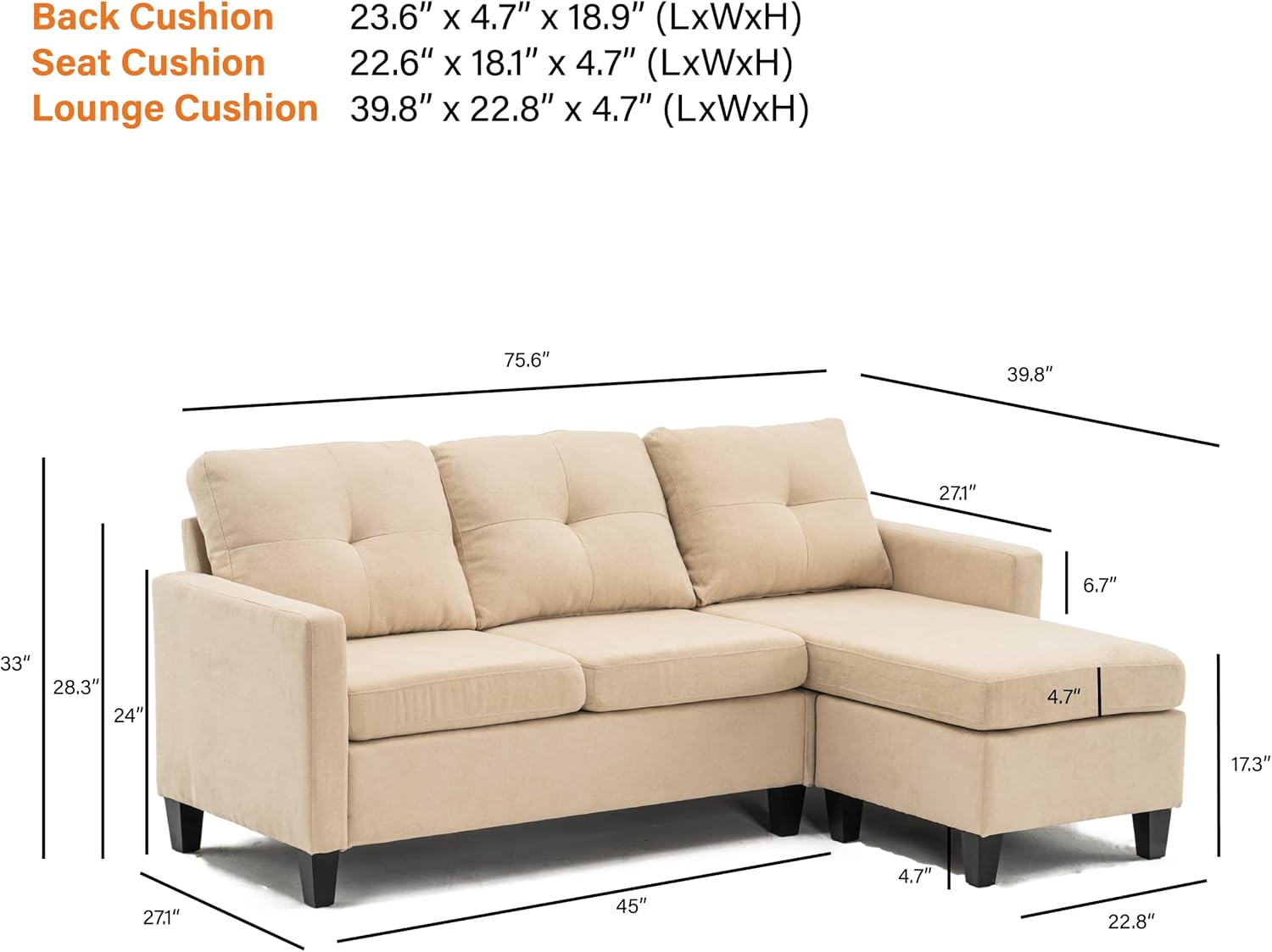 75" Modern Fabric Sofa and Chaise Convertible to Ottoman in Beige Reversible Sectional Sectional Living Room Home Furniture