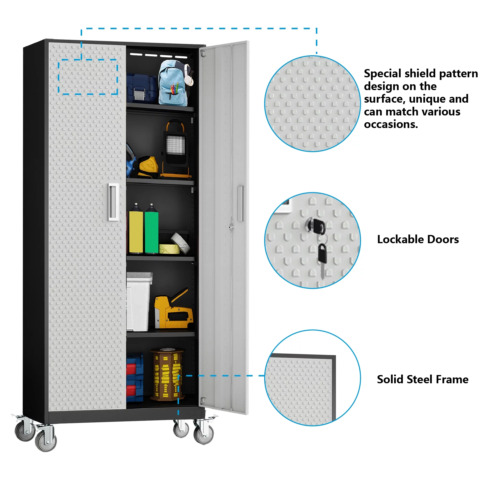 Tall Metal Storage Garage Cabinets with Wheels Locking Doors and 4 Adjustable Shelves, Double Handles, Steel Storage Cabinet for Garage, Office, Bedroom,Classroom, School,Gym (Gray with Pulleys)