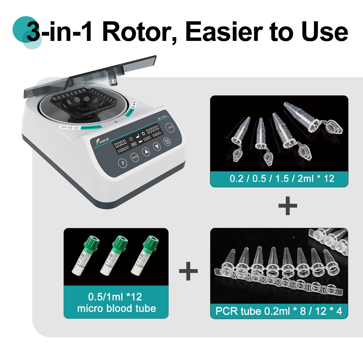 Lab High Speed Centrifuge Machine Bechtop Microcentrifuges 3 in 1 Rotor for 0.2/0.5/1.5/2mL Tube Capacity (12000RPM)