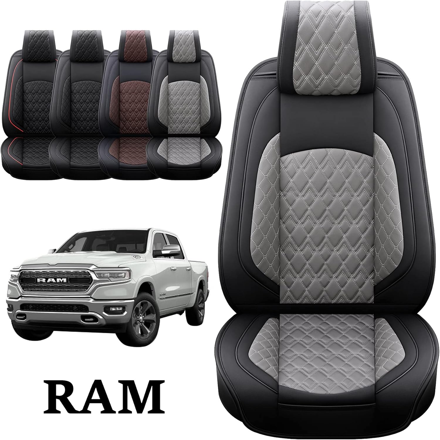 JOJOBAY Car Seat Covers for Dodge Ram 2 Pcs Front,Fit Ram 2009-2022 1500/2500/3500 Pick-up Truck,Crew,Regular,Quad,Mega Cab,Waterproof Synthetic Leather Seat Covers Protectors（2 PCS Front,Black-Grey）