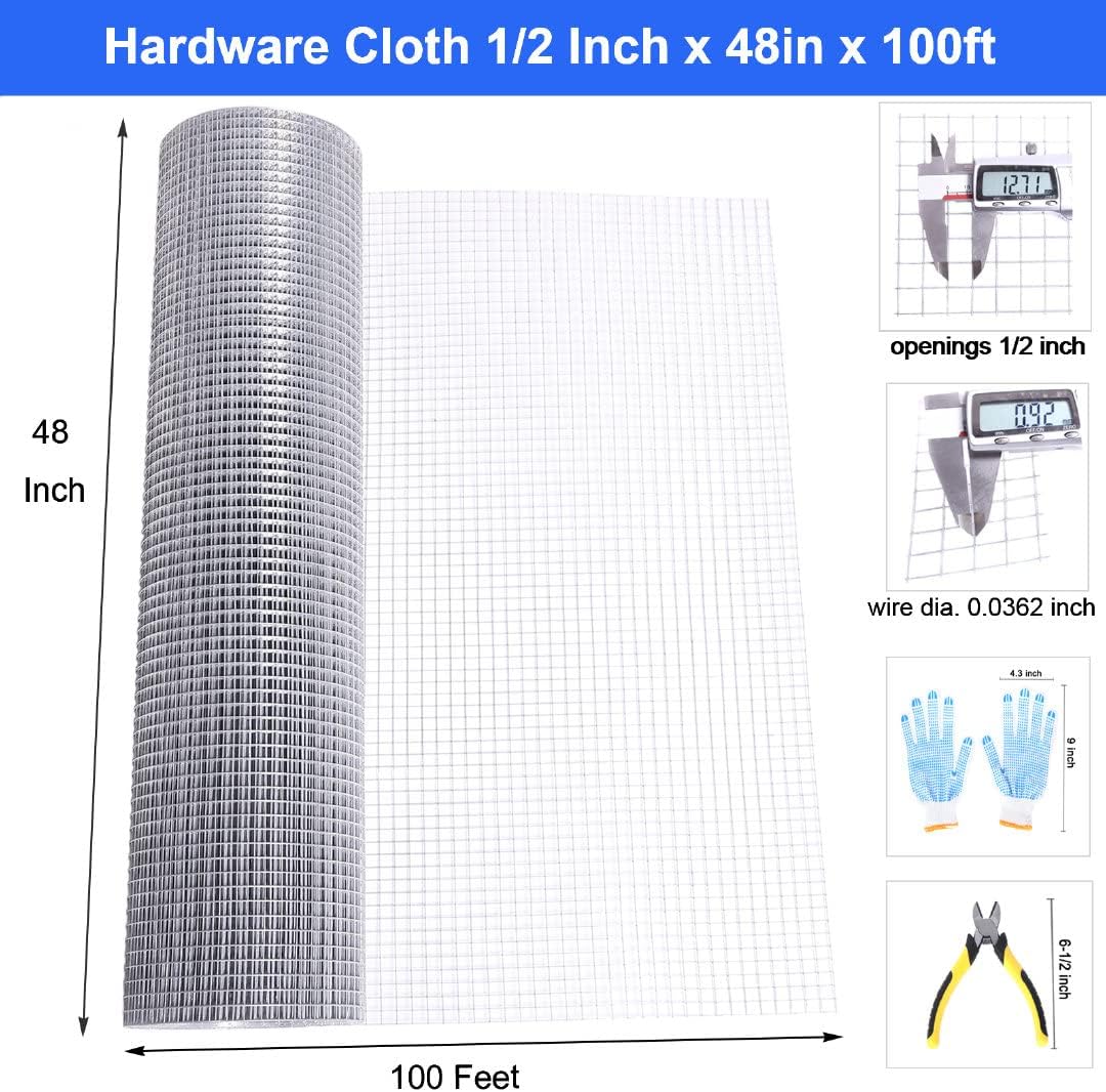 Rocicmhy 48x100 Hardware Cloth 1/2 Inch 19Ga,Chicken Coop Wire,Hot Dipped Galvanized Wire Mesh Roll,Chicken Wire Fence Rolls,Welded Wire Fencing,Chicken Wire Fencing,Concrete Wire Mesh,Rabbit Wire