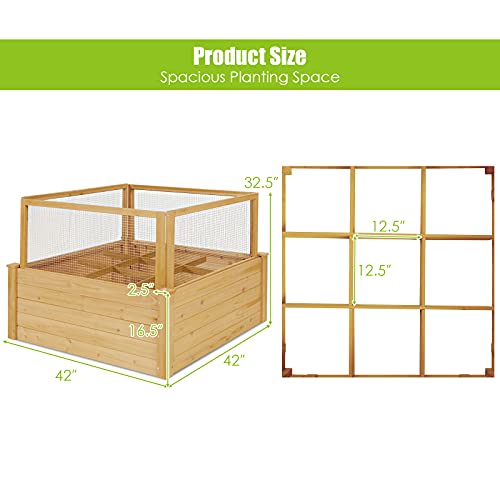 Giantex Raised Garden Bed with Fence, Wood Planter Raised Bed with Critter Guard Fence, 9 Grids Plant Container, Outdoor Plant Box for Garden Patio Backyard Balcony (42" Lx42 Wx32.5 H)
