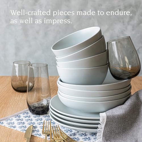 over&back Coupe Dinnerware Set - Stoneware Dishes - Comes with 4 Dinner Plates, 4 Salad Plates, 4 Cereal Bowls, and 4 Dinner Bowls - 16-Piece All-Occasion Place Settings - Semi-Matte Fog Blue