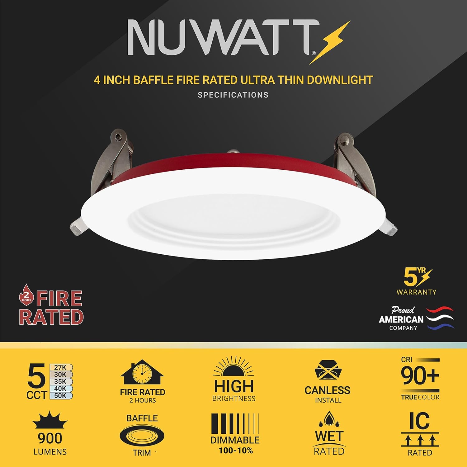 NUWATT 4 Inch 2 HOUR FIRE RATED Baffle LED Recessed Lighting, 27K/30K/35K/40K/50K 5CT Selectable, Dimmable, 900LM, IC Rated, 4in Anti-Glare Wafer Lights, Wet Rated Downlight, No Tenmat Needed. 6 Pack
