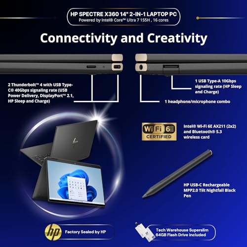 HP Spectre 14T x360 2-in-1 Laptop Intel i7-1355U 10 Cores,Win 11 Pro,13.5" 3:2 Touch,16GB RAM,512GB SSD,B&O Speakers, FPR, Tilt Pen,Nightfall, 64GB Tech Warehouse Flashdrive