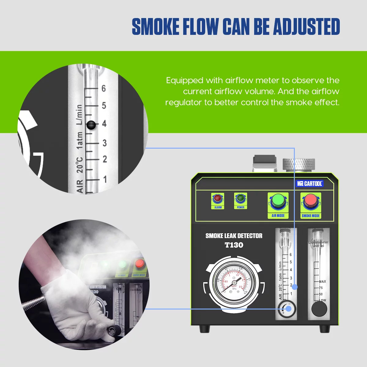 Auto Smoke Leak Detector, EVAP Vacuum Smoke Machine, Pipe System Leakage Tester Analyzer, Vehicle Diagnostic Tool W/ Oil Level Adjustable Flowmeter for Car Motorcycles Truck Boat, T130