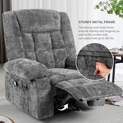 Recliner Chair for Adults with Massage and Heat, Breathable Fabric Reclining Chair with Side Pockets, Comfy Living Room Single Sofa Chair, Dark Grey