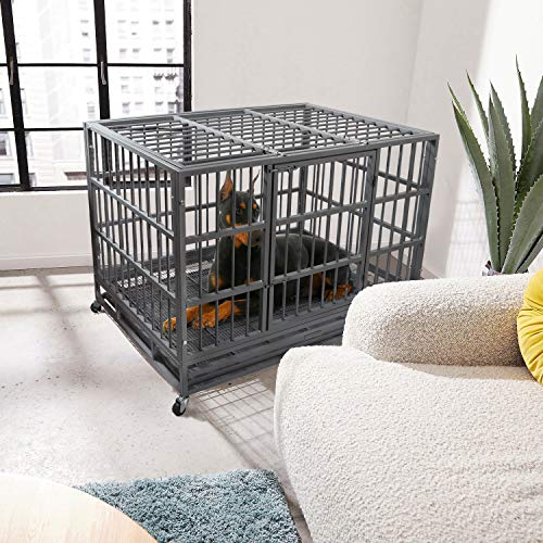 Otaid 48 Inch Heavy Duty Dog Crate Cage Kennel with Wheels, High Anxiety Indestructible Dog Crate, Sturdy Locks Design, Double Door and Removable Tray, Extra Large XL XXL Dog