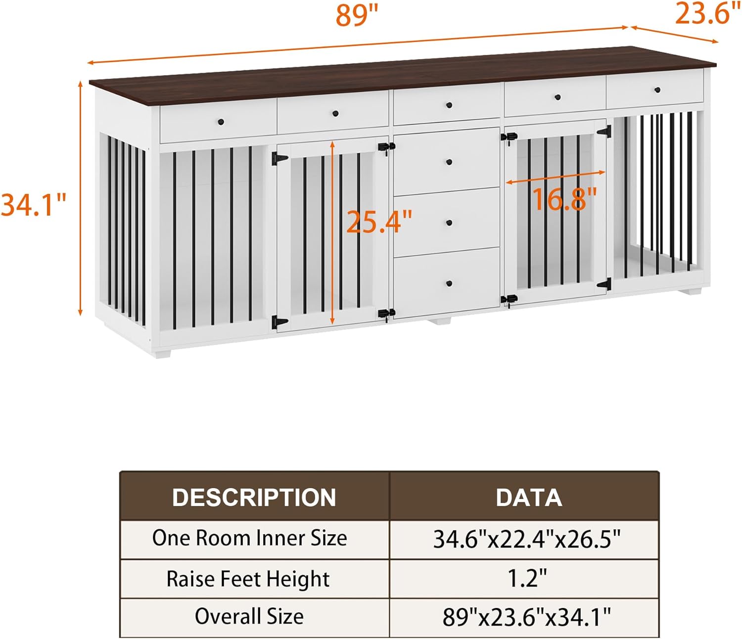 Lovinouse Large Dog Crate Furniture for 2 Dogs, 89" Heavy Duty Wooden Dog Kennel with 8 Drawers, Indoor Furniture Style Dog Kennel with Double Rooms for Large Medium Dogs, White