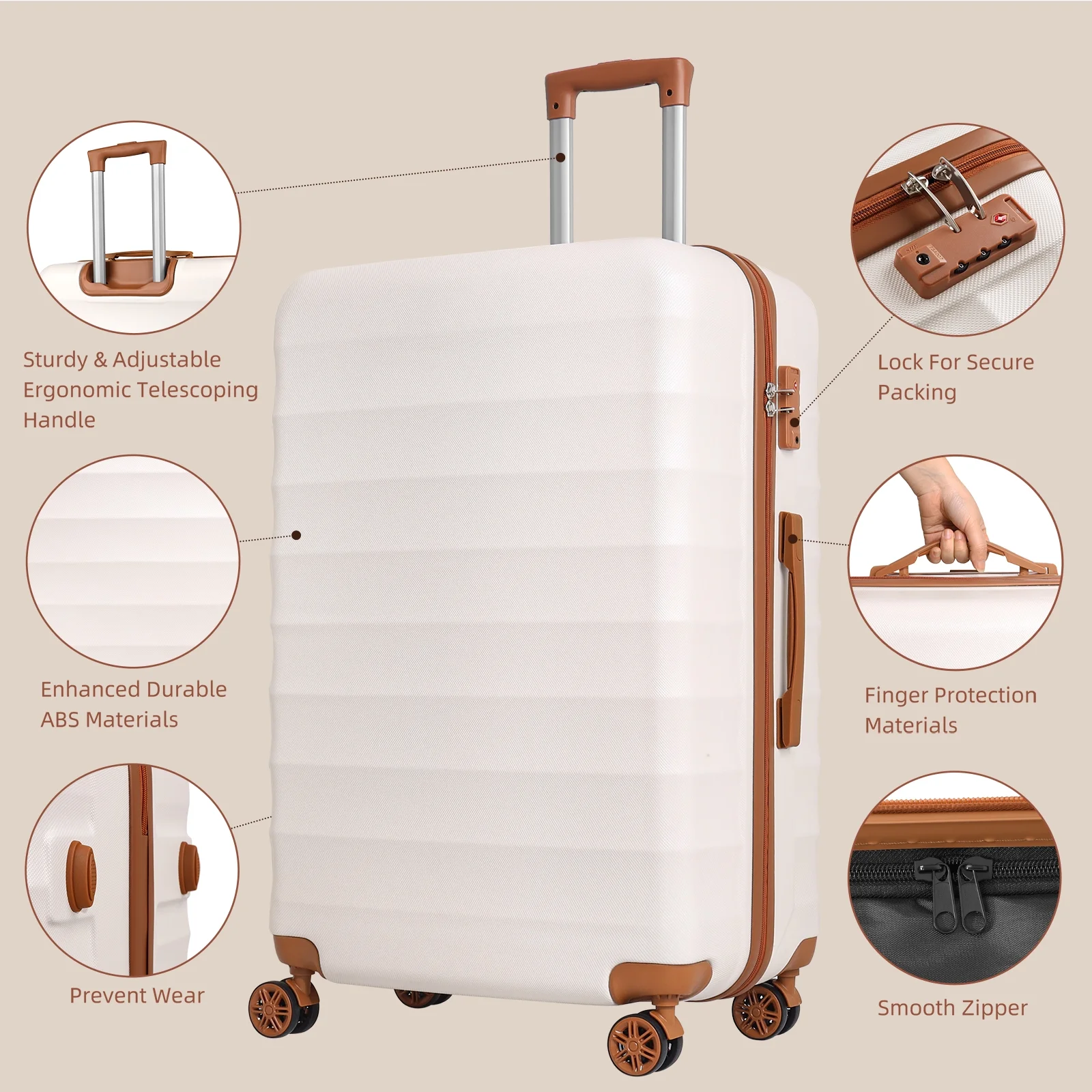 SUGIFT 3 Piece Expandable ABS Hardshell Luggage Sets Spinner Wheel Suitcase TSA Lock Suit Case, White+Brown, 20/24/28 Inch