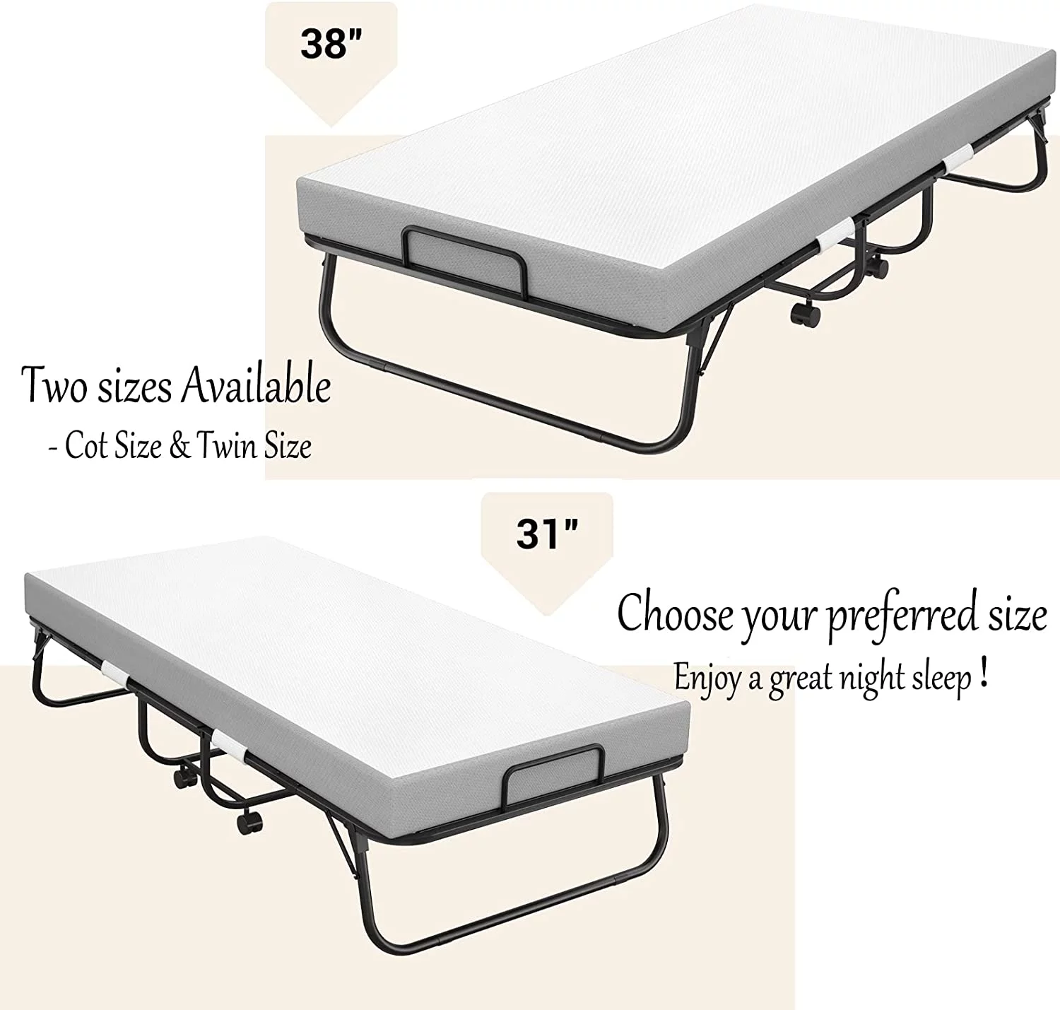 Folding Bed with Mattress  Portable Foldable Bed with  Cover  Rollaway Bed for Adults with Memory Foam Mattress and Metal Frame  Cot Size Extra Guest Bed on Wheels (75\u201D x 31\u201D) - Curated Treasures Market