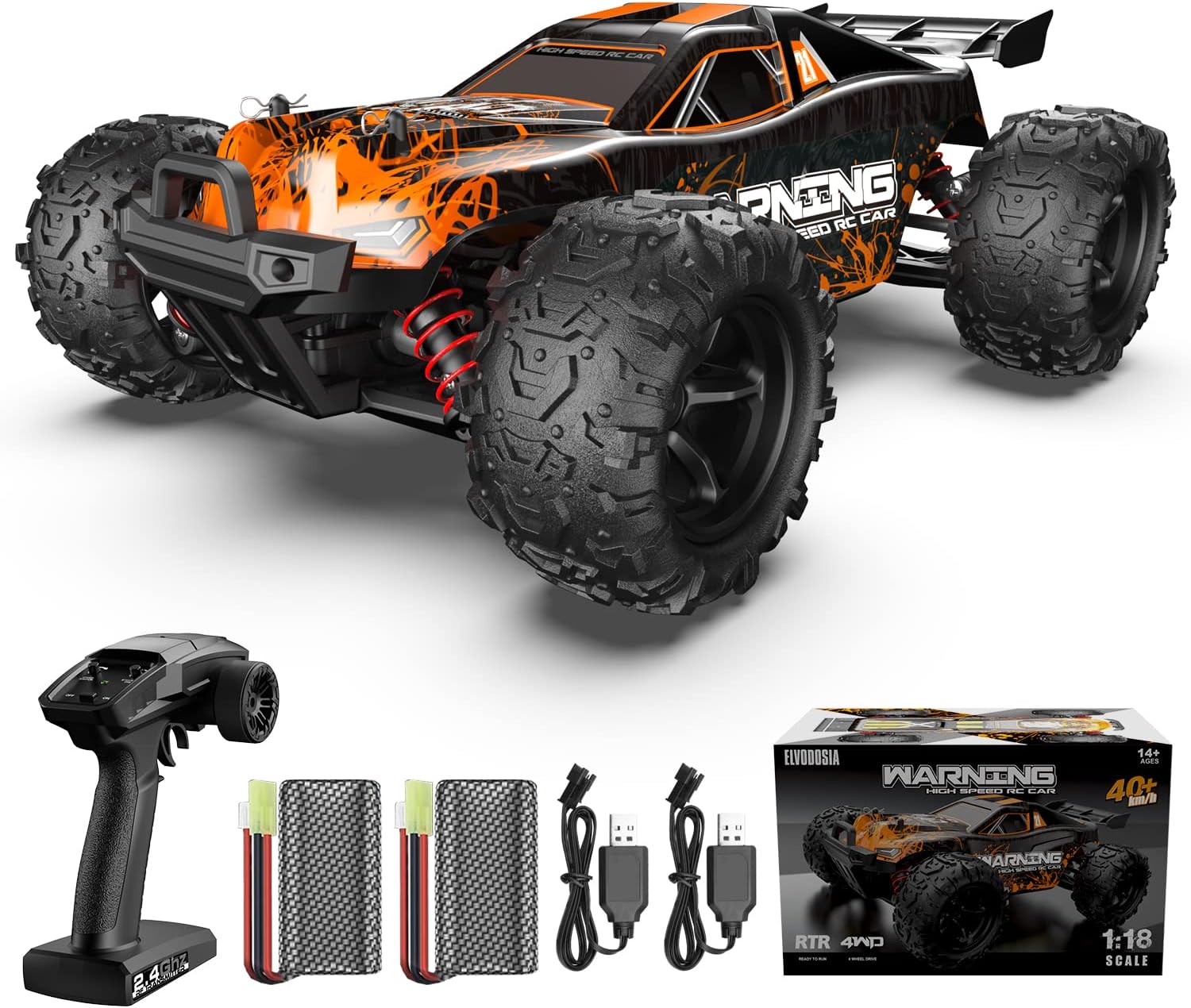 ELVODOSIA High-Speed 1:18 Scale RC Cars, 40 KM/H All-Terrain Remote Control Car for Adults Kids, 4x4 Off-Road Waterproof RC Truck, Two Rechargeable Batteries for 40+ MINS