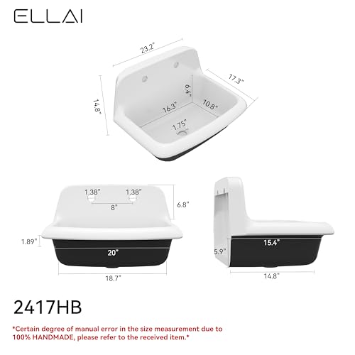 ELLAI 24 Inch Wall Mounted High Back Kitchen Sink White and Black Porcelain Utility Sink Farm Sink Ceramic Farmhouse Laundry Sink Wall Mount Bathroom Sink, 8 in centers, 24” x 17” x 15”