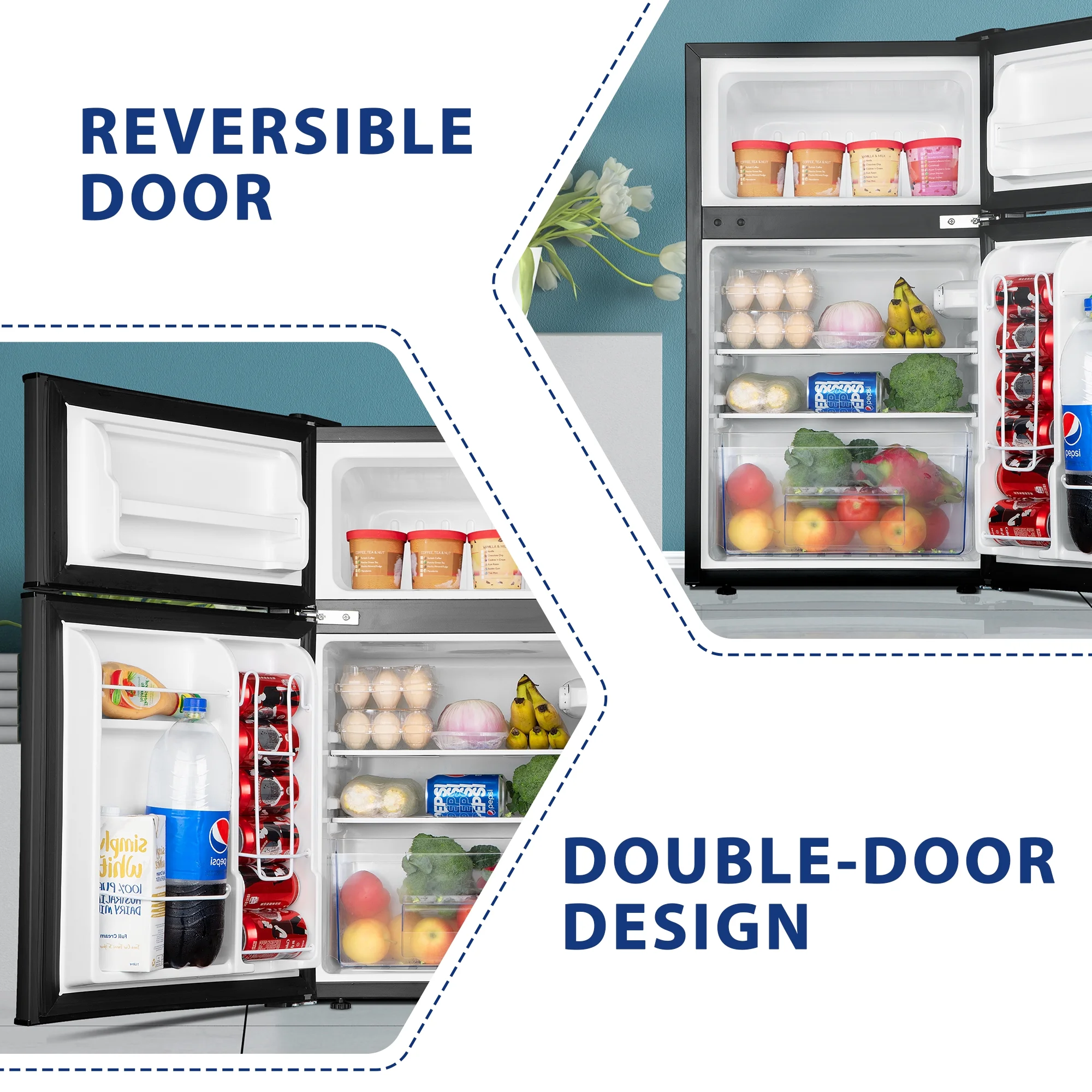 Simzlife 3.2 Cu ft Two Door Mini Refrigerator with Freezer, Compact Small Fridge Adjustable Removable Shelves, Black