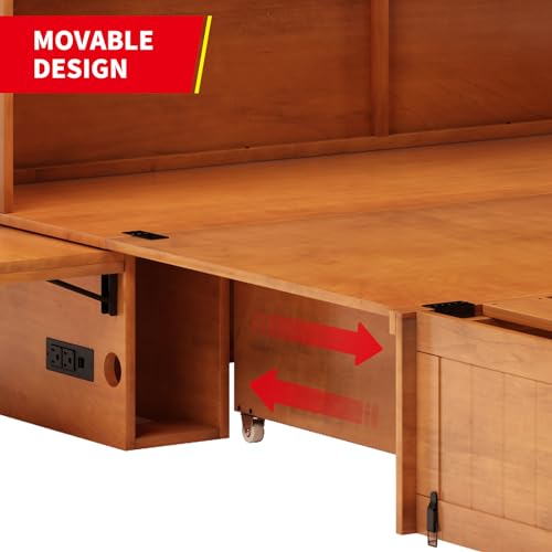 MUZZ Queen Size Murphy Bed with Charging Station, Convertible Cube Cabinet Murphy Bed with Folding Foam Mattress, Foldable Space-Saving Murphy Bed for Guest Room, Home, Office (Cherry)