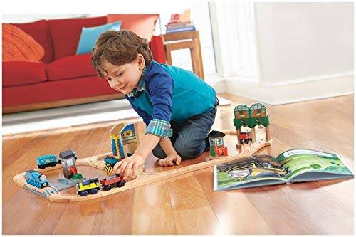 Fisher Thomas Friends Wooden Railway Logan and The Big Blue Engines Set