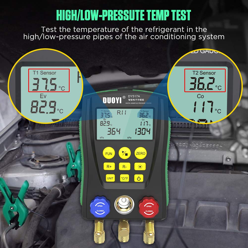 Digital Manifold Gauge Set Pressure&Temp Test HVAC Manifold Pressure Leak Test Digital Refrigerant Gauges Vacuum HVAC Gauges with Refrigerant Hoses&Temperature Clamps&LCD Display for Air Conditioning