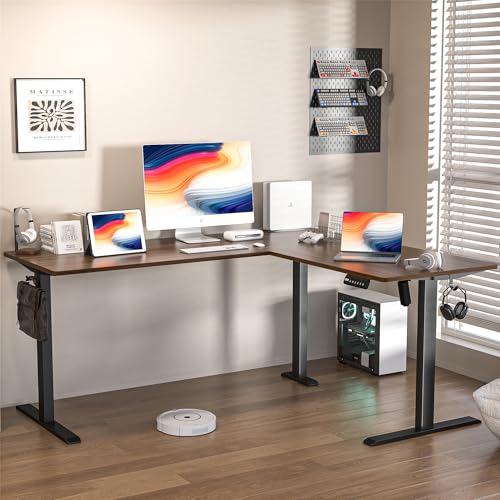 L-Shaped Electric Standing Desk, 63x55 Inch, Walnut, Adjustable Height, Wheeled, Ergonomic, Modern Design, Corner Desk for Home Office