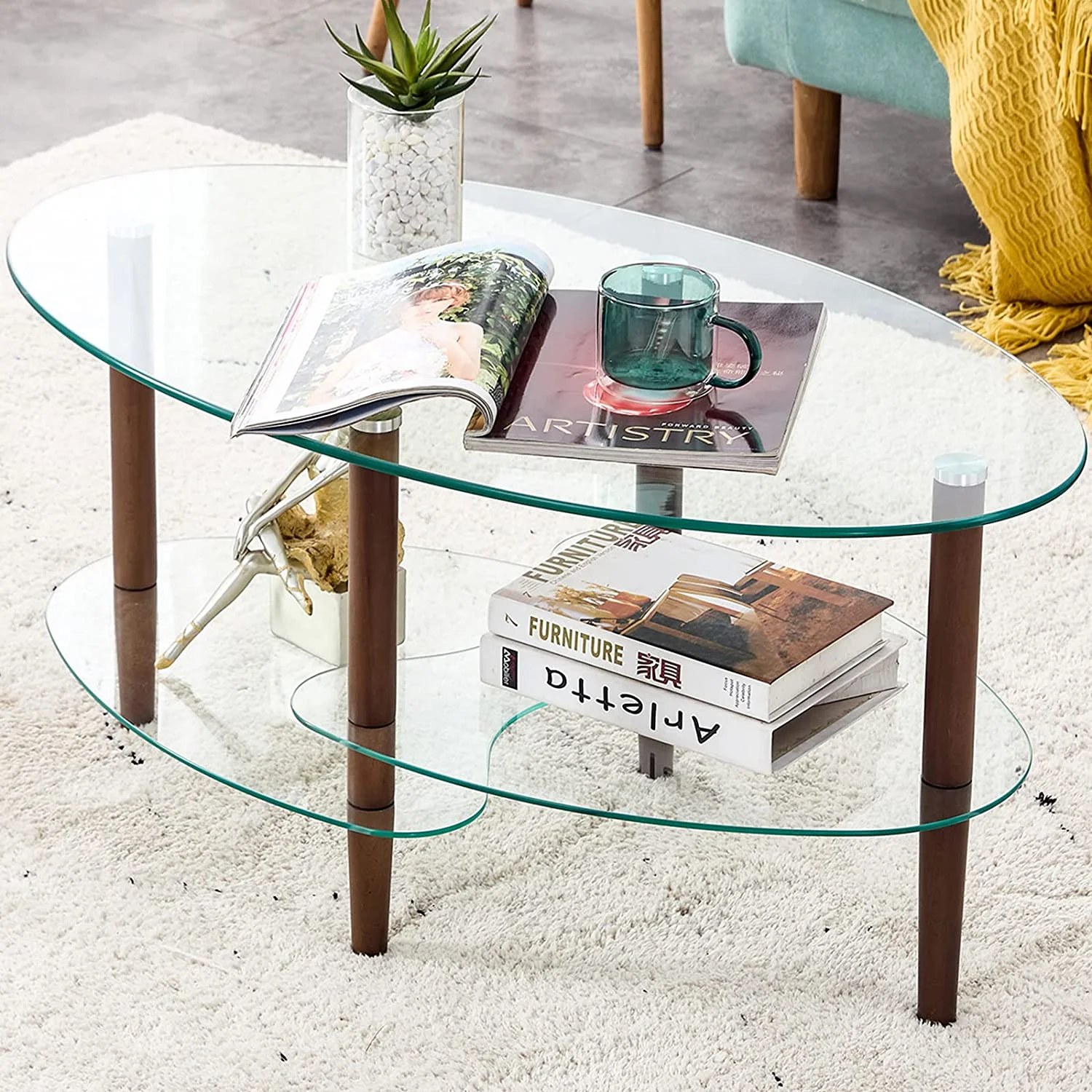 Glass Coffee Table  Oval Glass Coffee Table  Transparent Glass Coffee Table  Oak Wood Leg Tea Table  3-Layer Glass Table  Living Room   Suitable for Waiting Room  Living Room