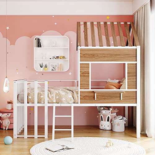 Harper & Bright Designs Kids House Beds Low Loft Bed Frame with Roof, Window, Guardrail and Ladder, Metal Twin Size Loft Bed for Kids Teens Girls Boys (Twin, White)