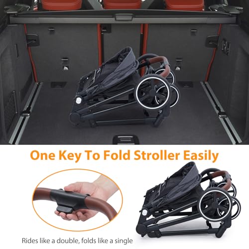 GAOMON Double Stroller Track Tandem Stroller for Infant and Toddler, Foldable Pushchair Bassinet Pram, Multi-Position Reversible & Adjustable Backrest, Large Storage Basket and Canopy, Light Gray