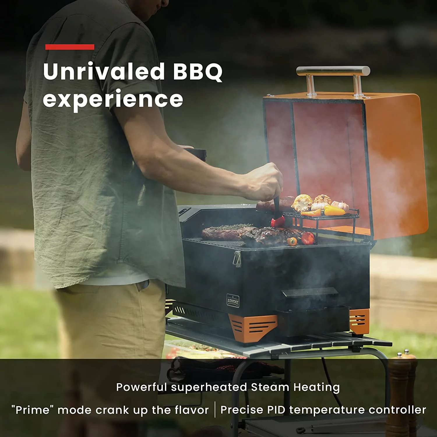 ASMOKE AS350 Portable Wood Pellet Grill & Smoker, Superheated Steam Technology, 8-In-1 Cooking Versatility, 256 Sq in Vibrant Orange
