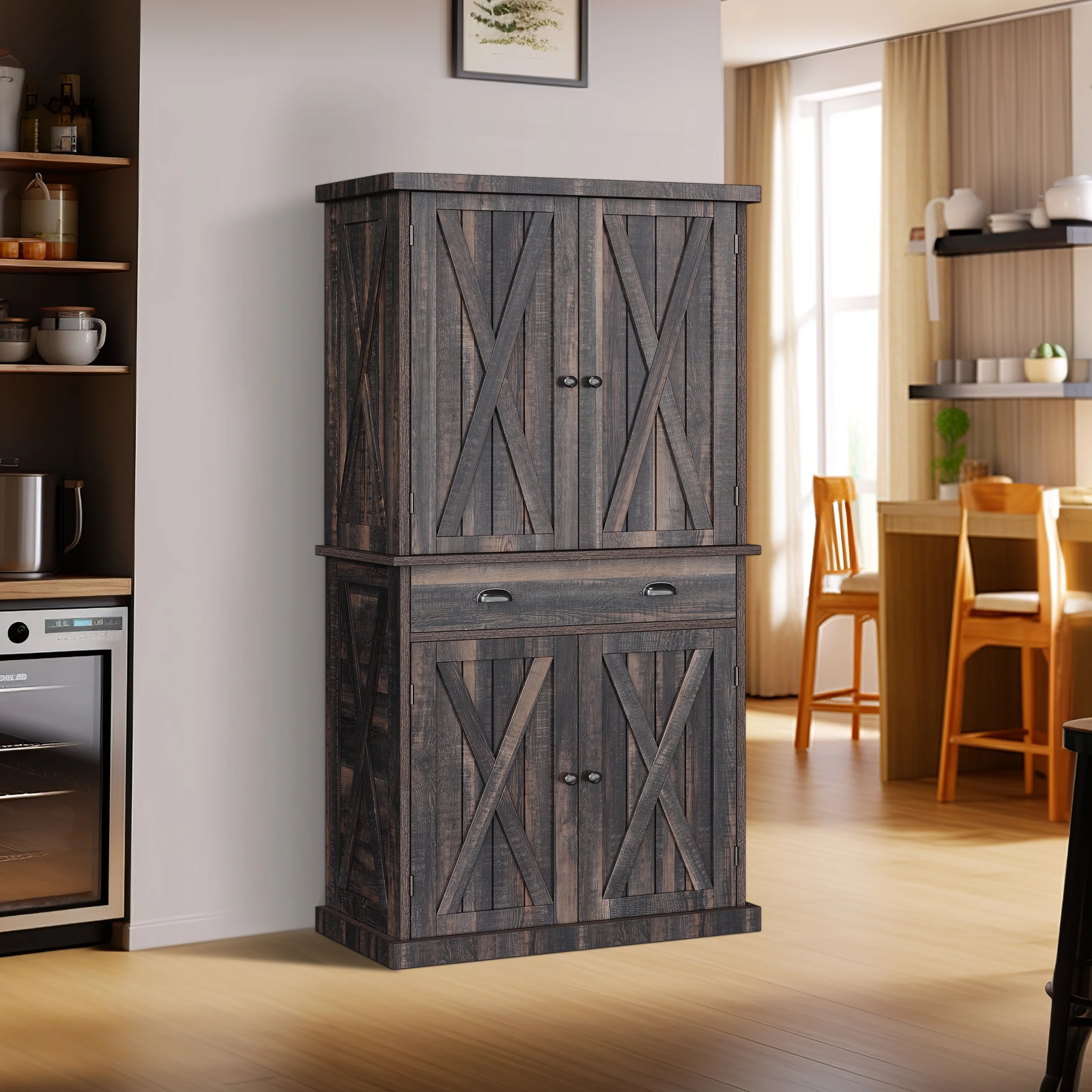 Dextrus 72" Kitchen Pantry Storage Cabinet, Large Drawer Farmhouse Storage Cabinet with 4 Doors, 6-Tier Freestanding Buffet Cupboards for Dining Room Living Room, Rustic Oak